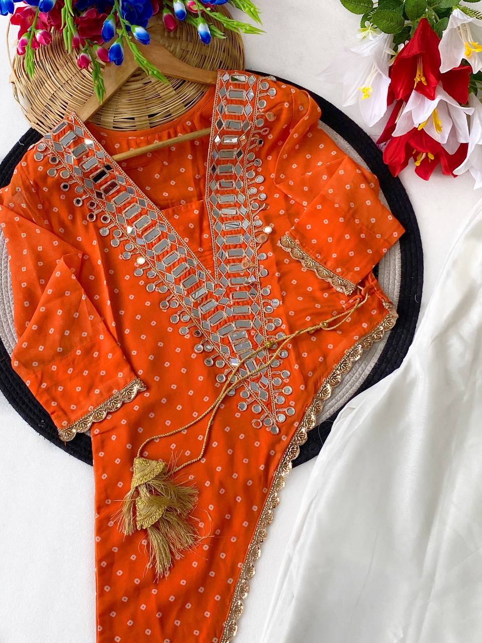 Orange & White Mirror Work Side-Cut Kurti with Chinon Palazzo Set