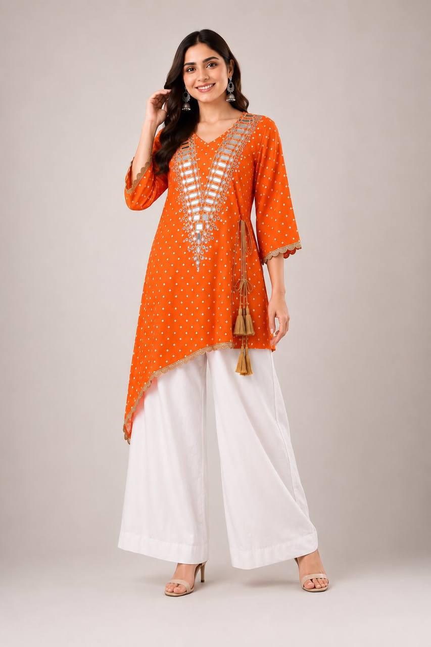 Orange & White Mirror Work Side-Cut Kurti with Chinon Palazzo Set