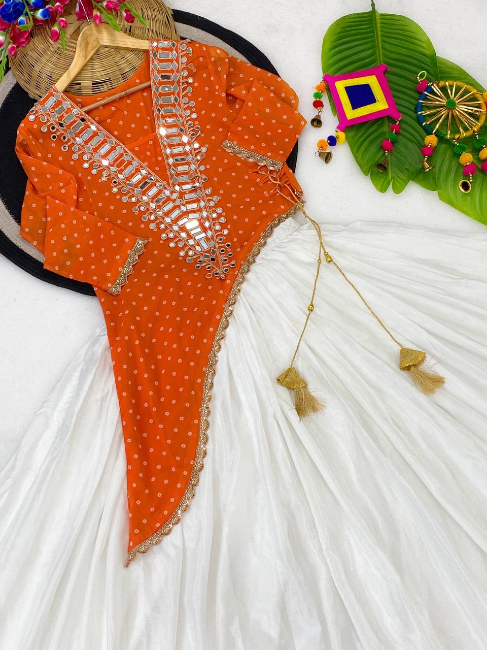 Orange & Ivory Mirror Work Side-Cut Kurti with Lehenga Set