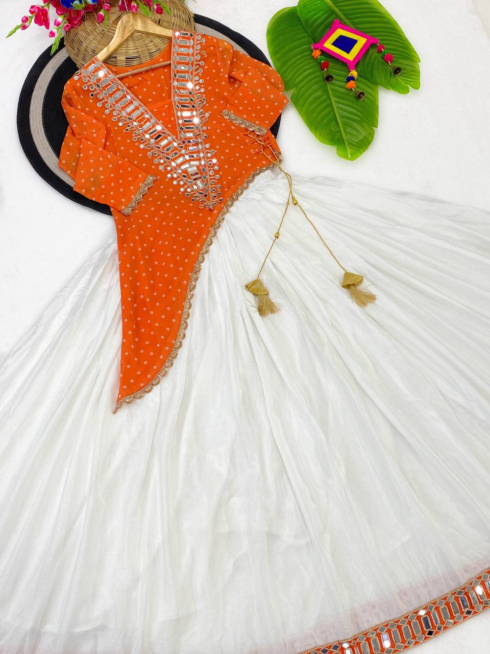 Orange & Ivory Mirror Work Side-Cut Kurti with Lehenga Set