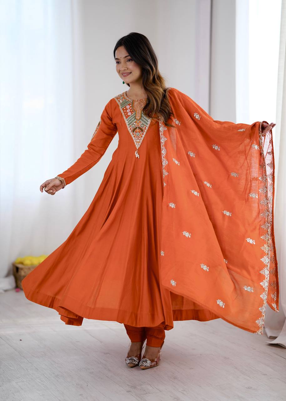 Burnt Orange Roman Silk Anarkali Gown Suit Set with Dupatta | Embroidery & Sequin Work
