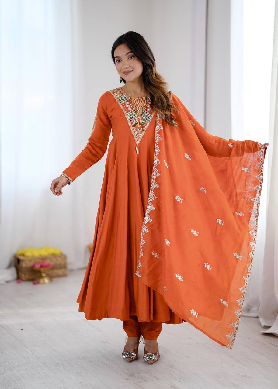 Burnt Orange Roman Silk Anarkali Gown Suit Set with Dupatta | Embroidery & Sequin Work