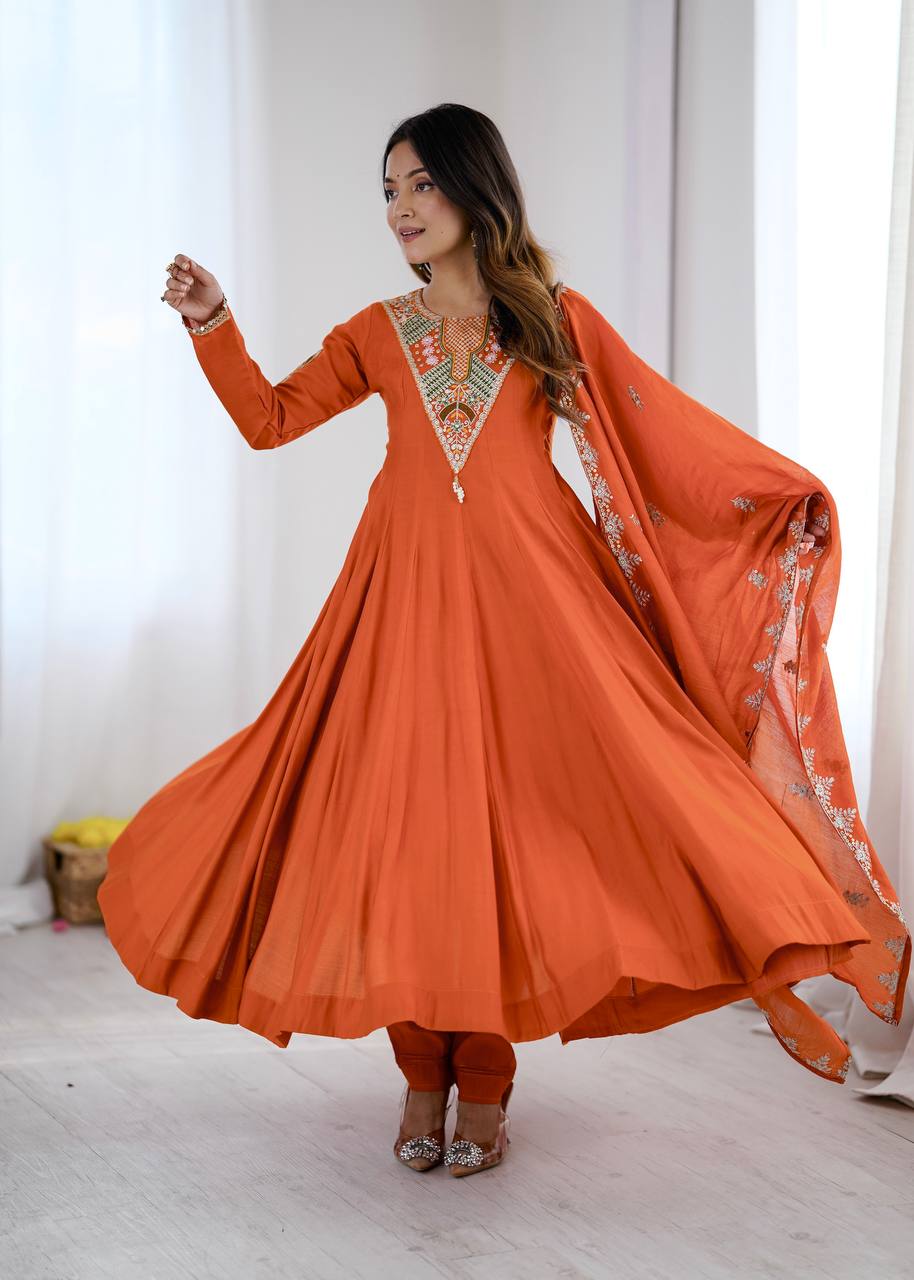 Burnt Orange Roman Silk Anarkali Gown Suit Set with Dupatta | Embroidery & Sequin Work