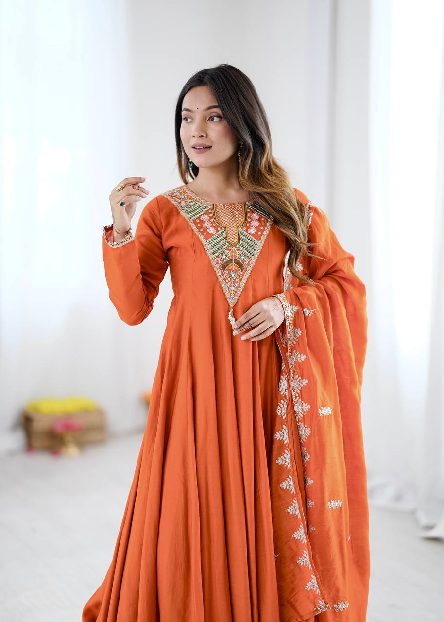Burnt Orange Roman Silk Anarkali Gown Suit Set with Dupatta | Embroidery & Sequin Work