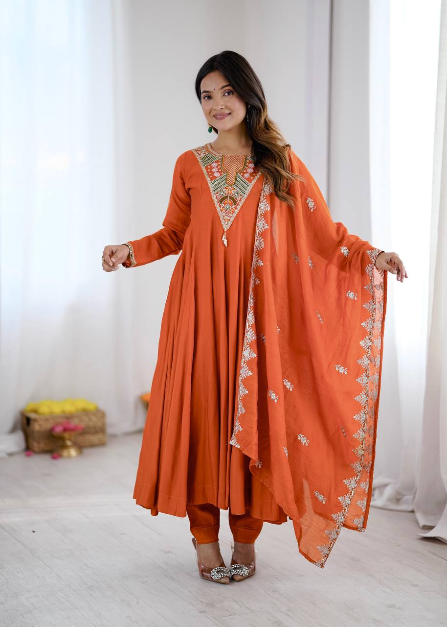 Burnt Orange Roman Silk Anarkali Gown Suit Set with Dupatta | Embroidery & Sequin Work