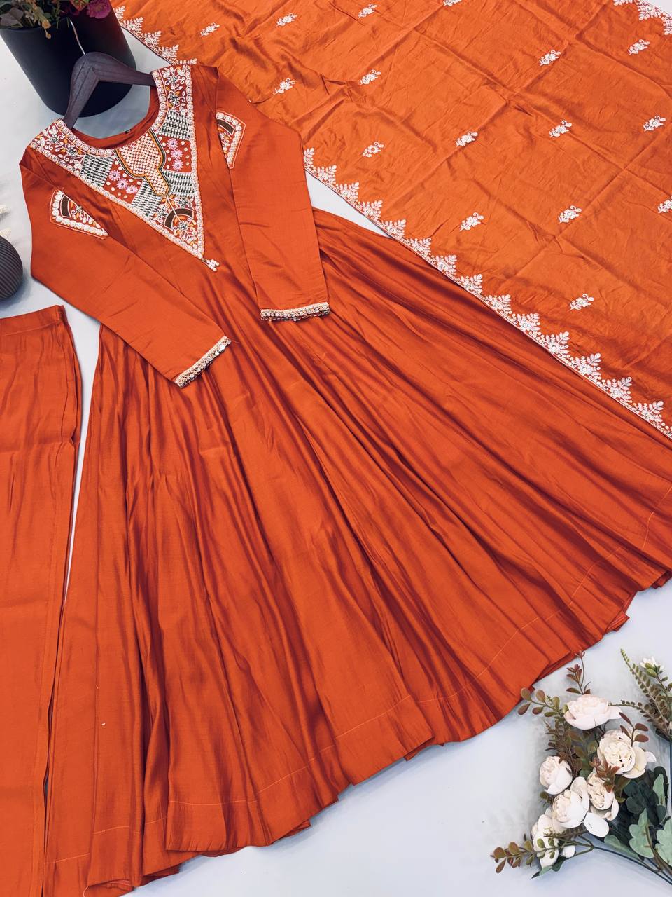Burnt Orange Roman Silk Anarkali Gown Suit Set with Dupatta | Embroidery & Sequin Work