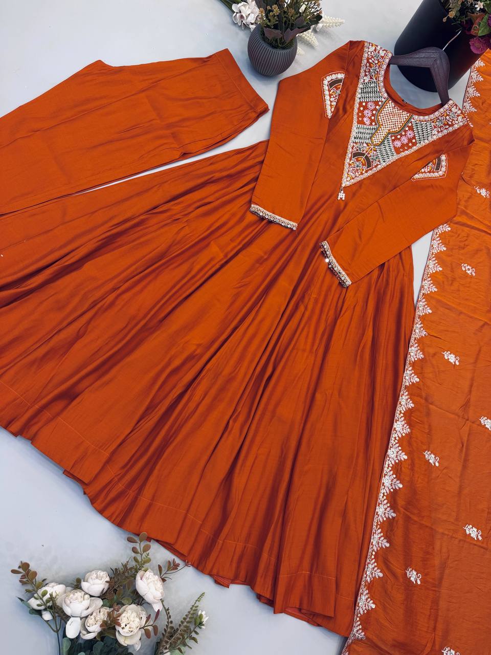 Burnt Orange Roman Silk Anarkali Gown Suit Set with Dupatta | Embroidery & Sequin Work