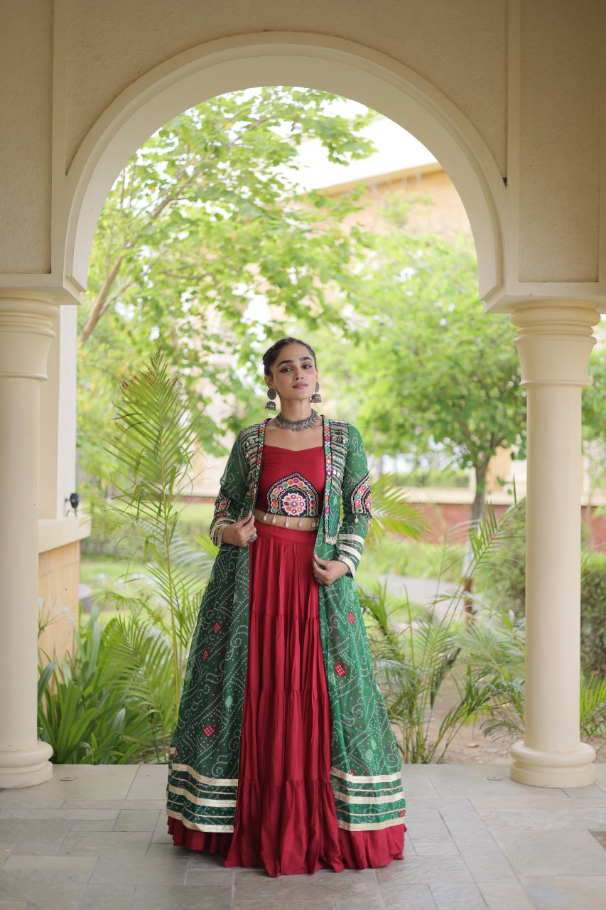 Bottle Green & Maroon Rayon Lehenga Set with Kutchi Patchwork Shrug