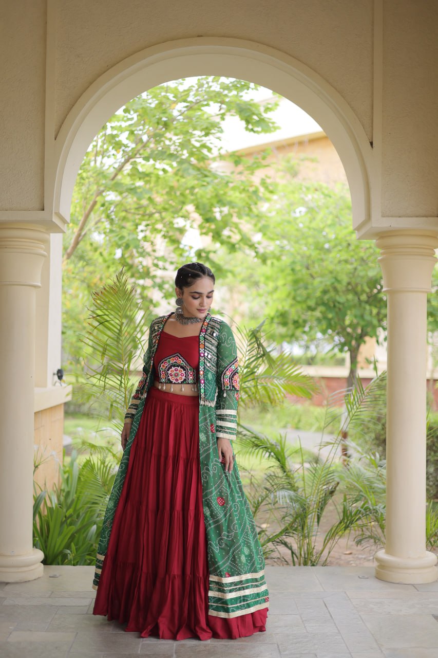 Bottle Green & Maroon Rayon Lehenga Set with Kutchi Patchwork Shrug