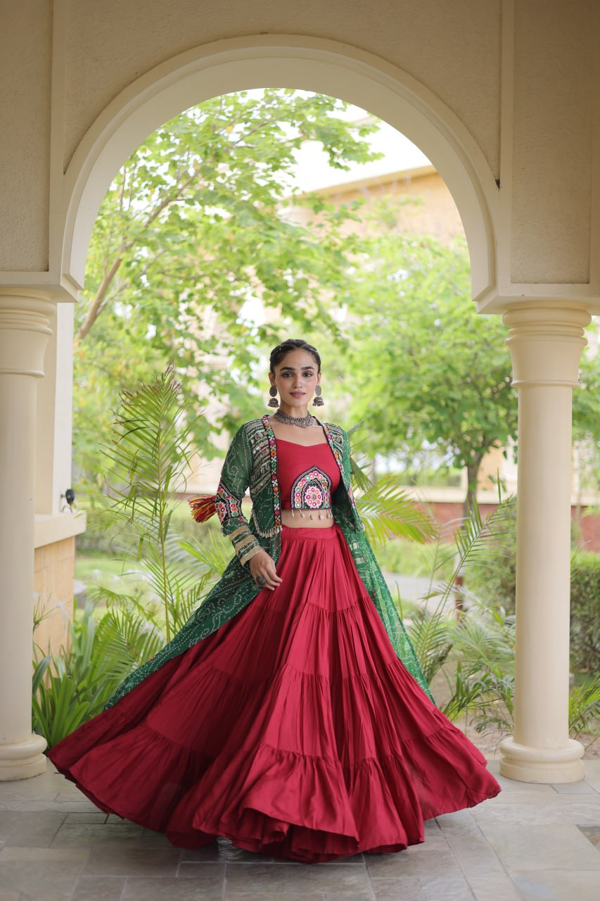 Bottle Green & Maroon Rayon Lehenga Set with Kutchi Patchwork Shrug