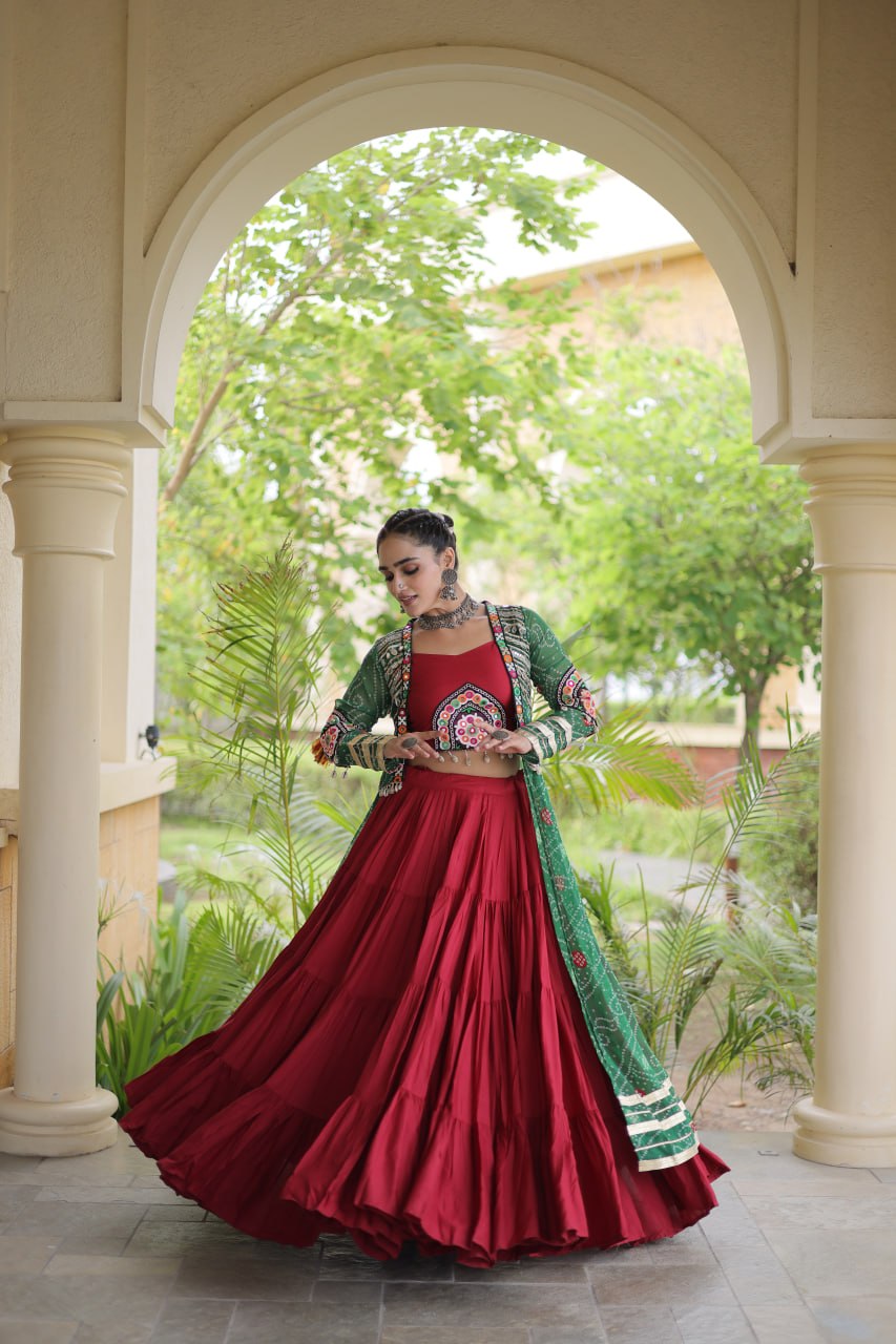 Bottle Green & Maroon Rayon Lehenga Set with Kutchi Patchwork Shrug