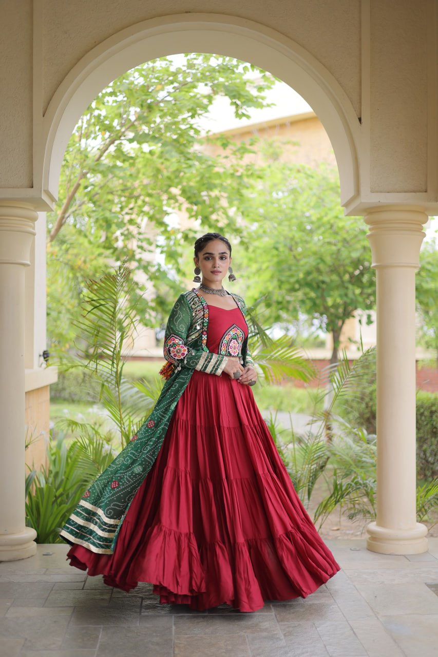 Bottle Green & Maroon Rayon Lehenga Set with Kutchi Patchwork Shrug