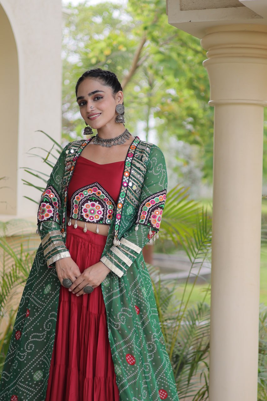 Bottle Green & Maroon Rayon Lehenga Set with Kutchi Patchwork Shrug