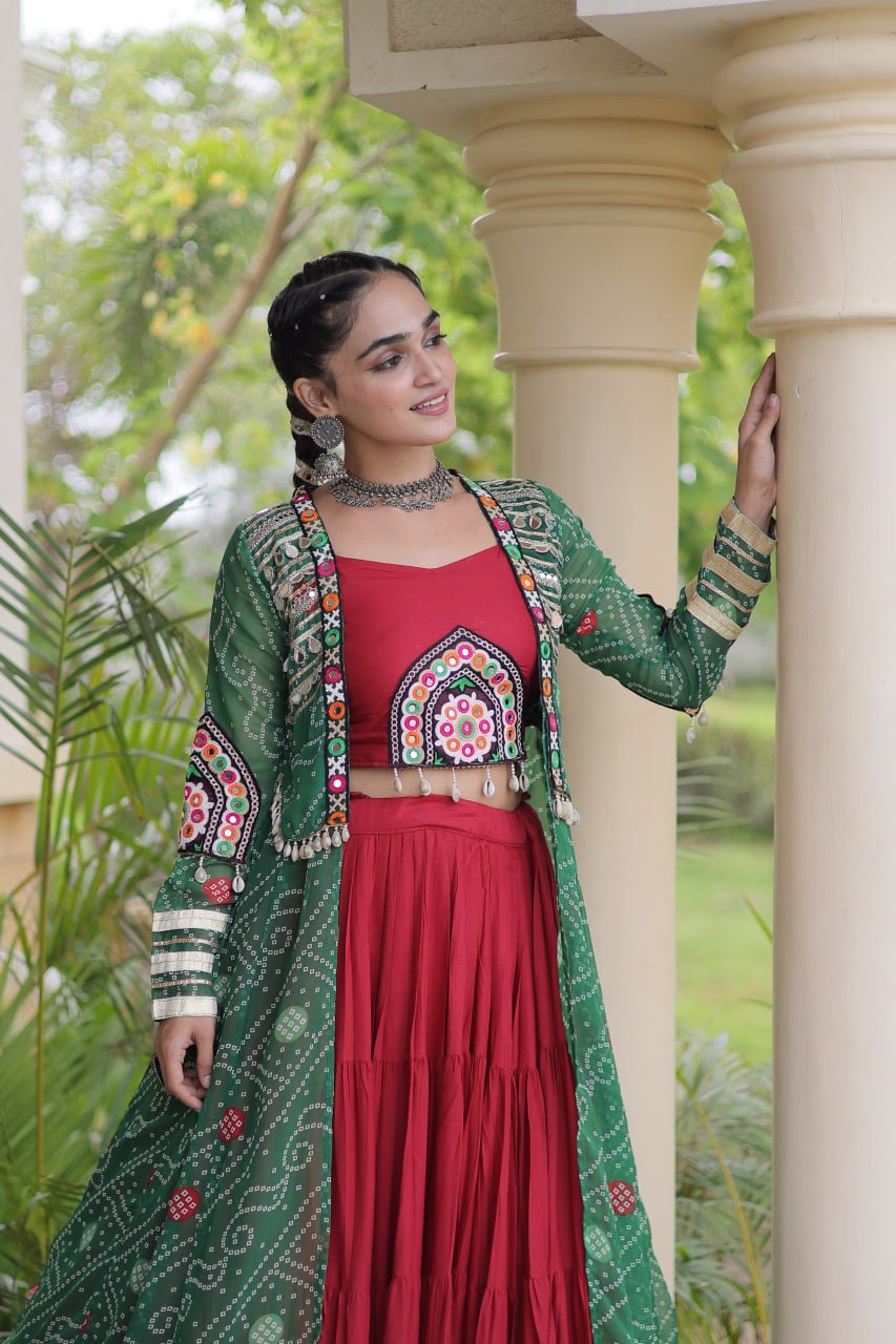 Bottle Green & Maroon Rayon Lehenga Set with Kutchi Patchwork Shrug