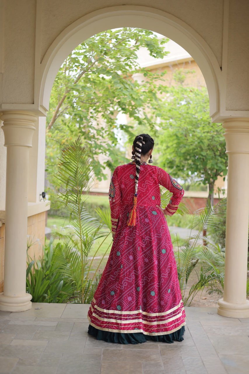 Bottle Green & Rani Pink Rayon Lehenga Set with Kutchi Patchwork Shrug