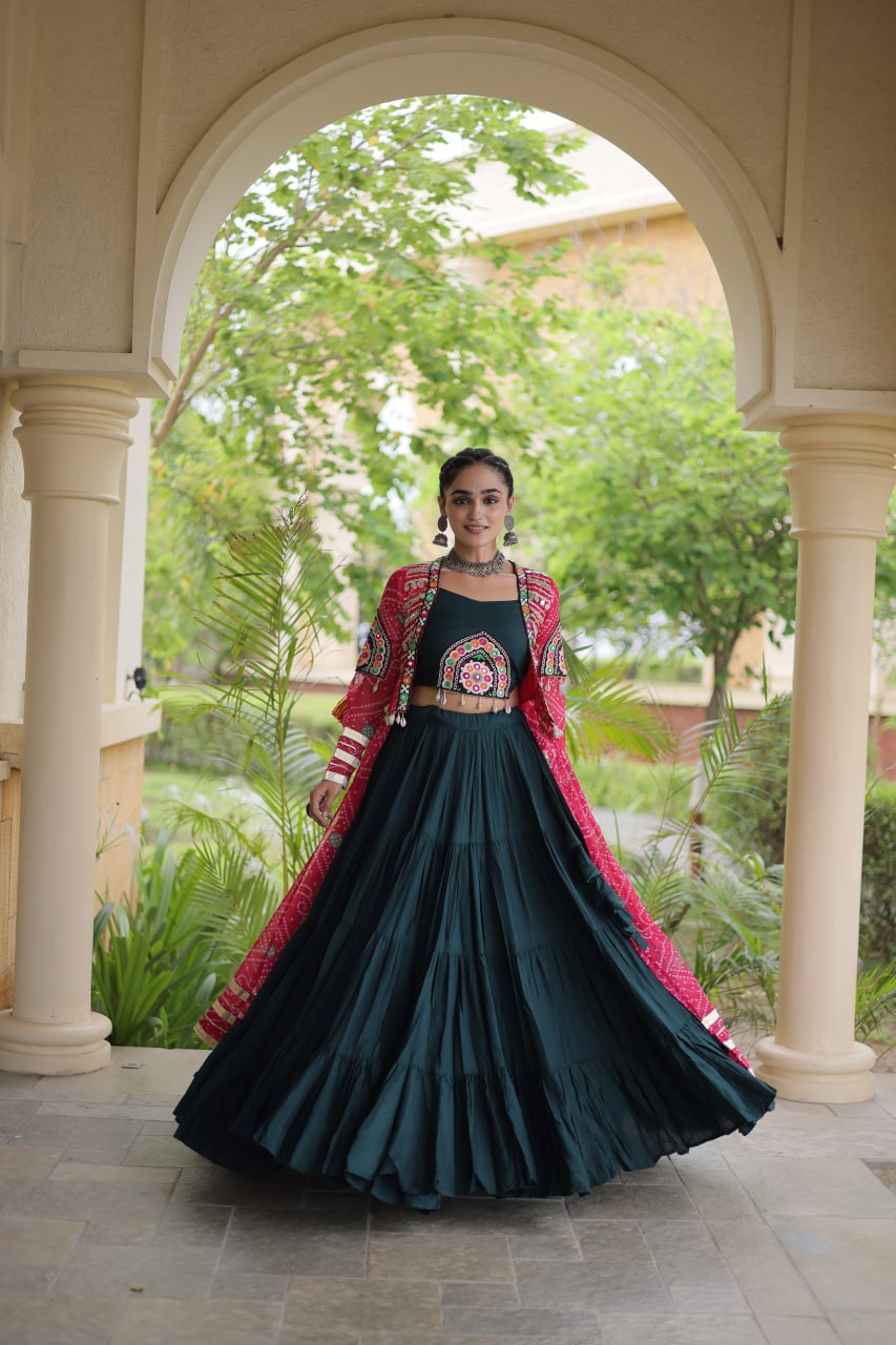 Bottle Green & Rani Pink Rayon Lehenga Set with Kutchi Patchwork Shrug