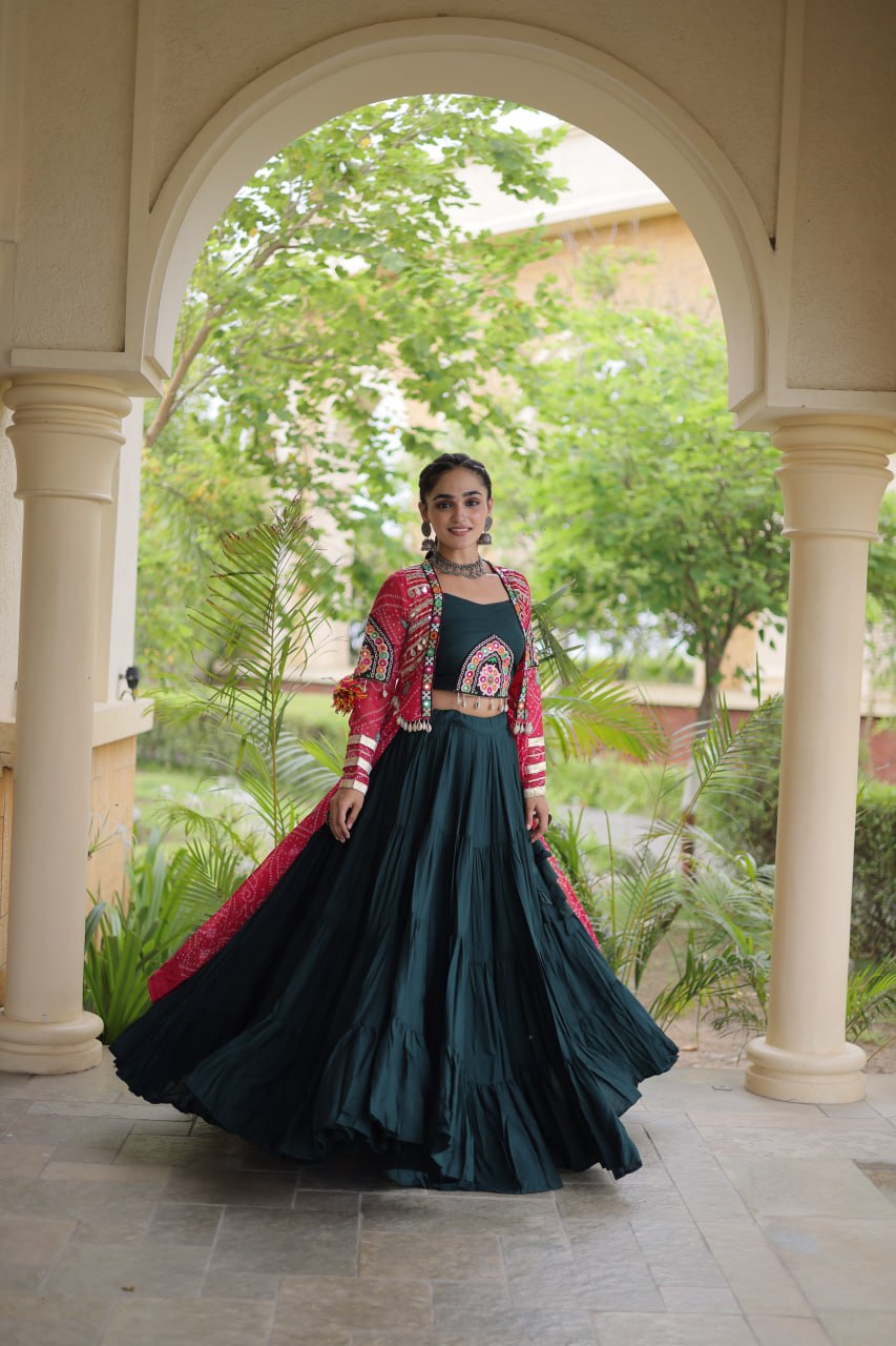 Bottle Green & Rani Pink Rayon Lehenga Set with Kutchi Patchwork Shrug