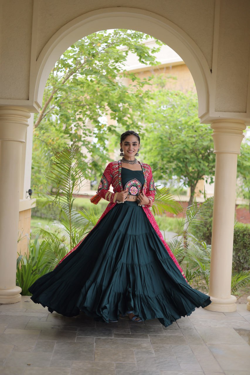 Bottle Green & Rani Pink Rayon Lehenga Set with Kutchi Patchwork Shrug