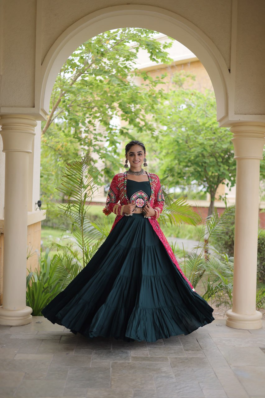 Bottle Green & Rani Pink Rayon Lehenga Set with Kutchi Patchwork Shrug