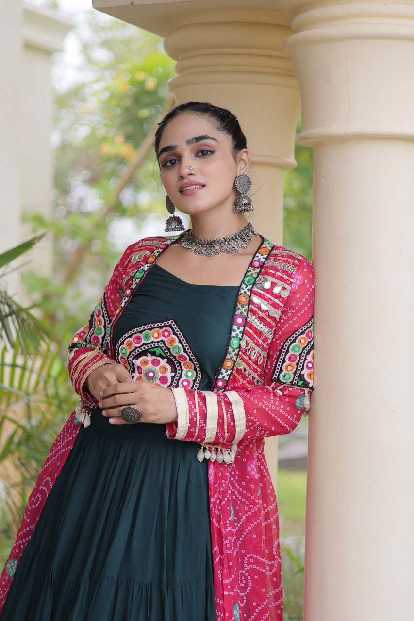 Bottle Green & Rani Pink Rayon Lehenga Set with Kutchi Patchwork Shrug