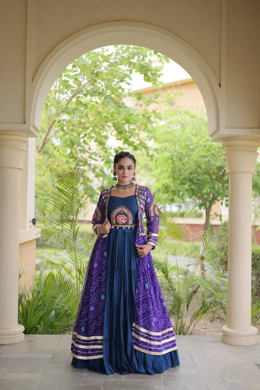 Royal Purple & Navy Blue Rayon Lehenga Set with Kutchi Patchwork Shrug