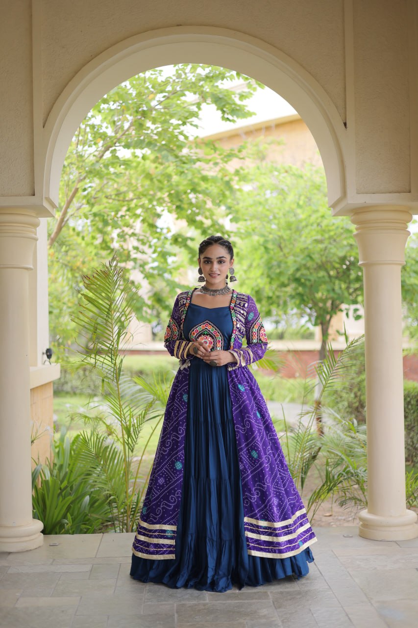 Royal Purple & Navy Blue Rayon Lehenga Set with Kutchi Patchwork Shrug