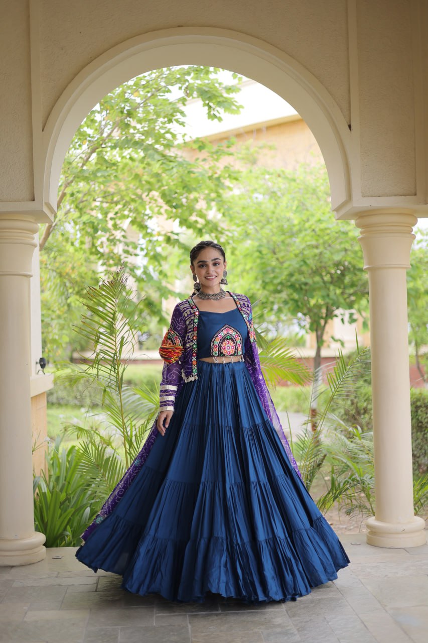 Royal Purple & Navy Blue Rayon Lehenga Set with Kutchi Patchwork Shrug