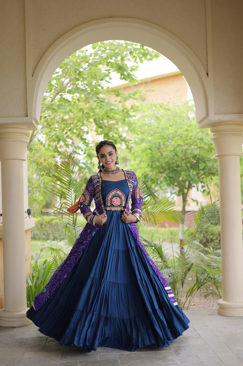 Royal Purple & Navy Blue Rayon Lehenga Set with Kutchi Patchwork Shrug