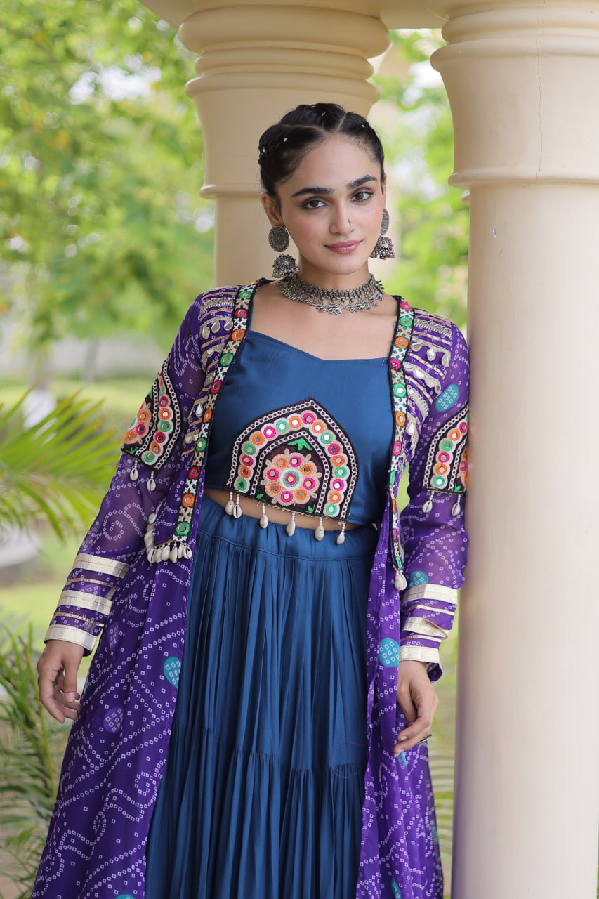 Royal Purple & Navy Blue Rayon Lehenga Set with Kutchi Patchwork Shrug