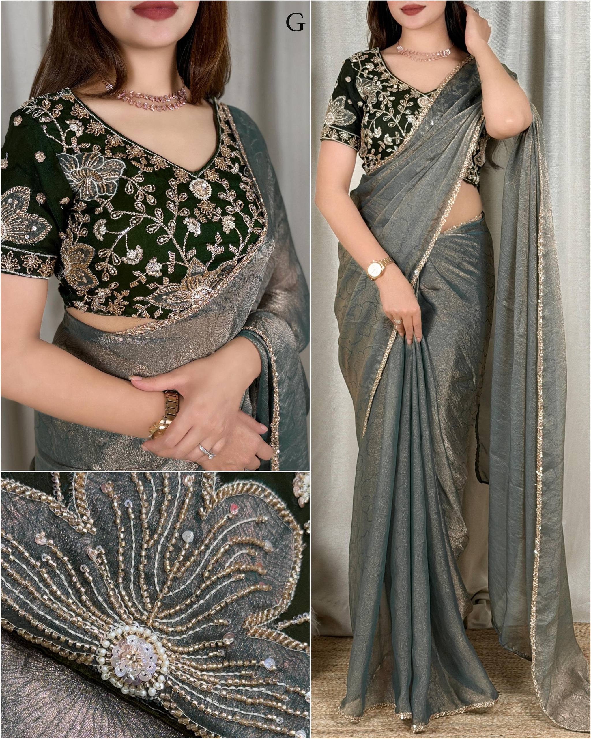 Smoky Sage Green Jacquard Saree with Beads Handwork & Applique Embroidered Blouse