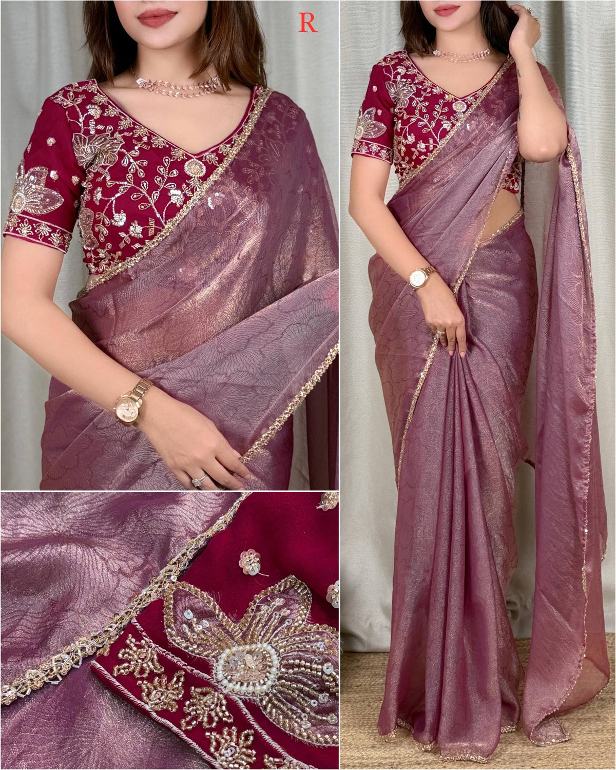 Muted Wine Jacquard Saree with Premium Beads Handwork & Applique Blouse