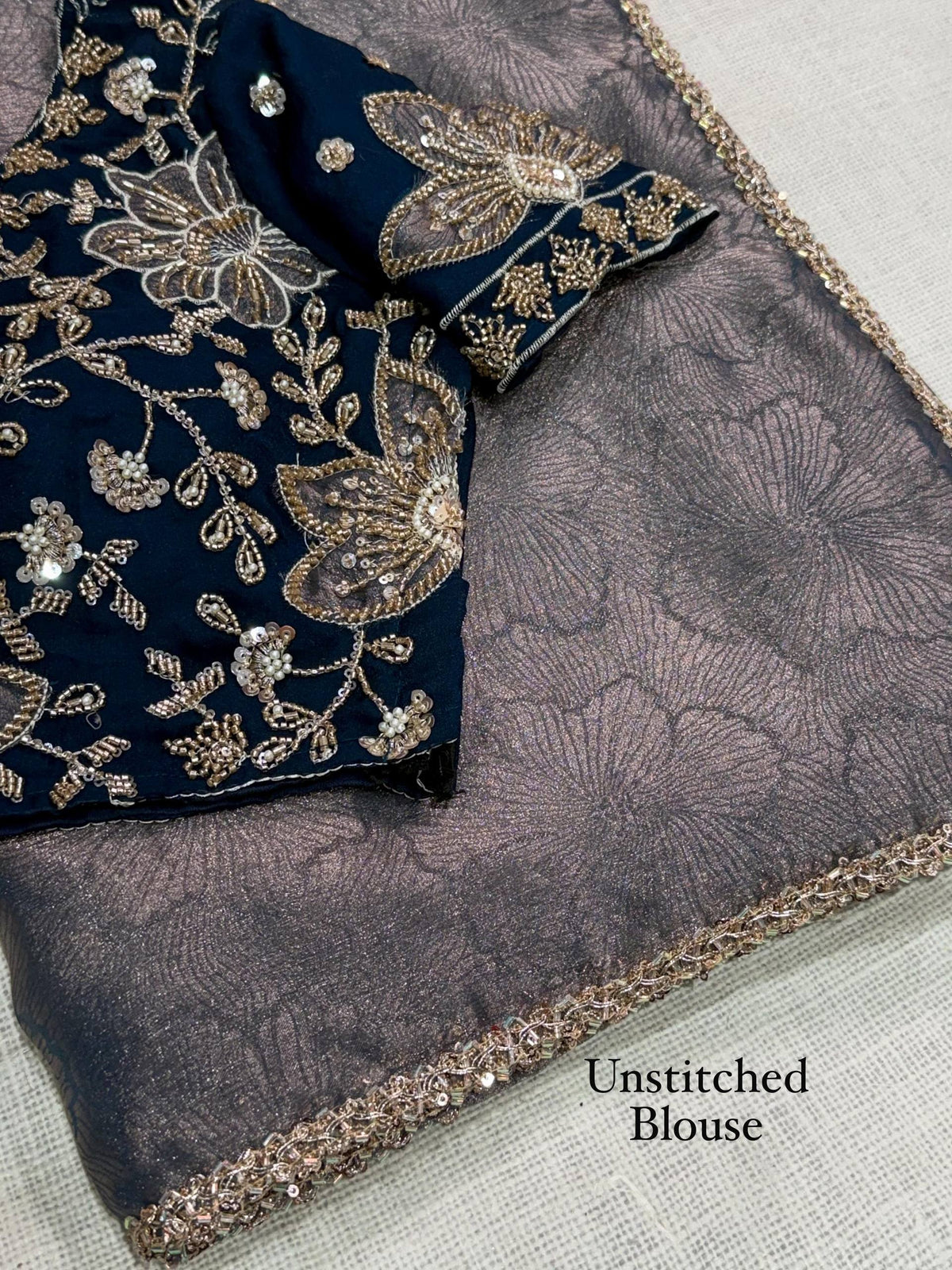 Slate Grey Jacquard Saree with Navy Blue Beaded Handwork Blouse