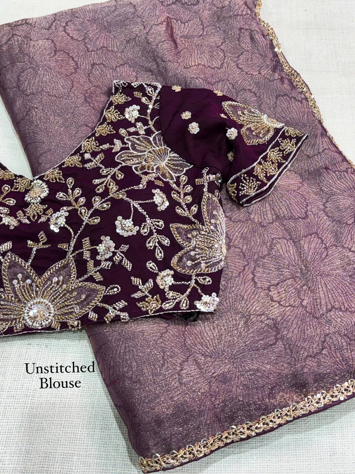 Dusty Mauve Plum Jacquard Saree with Beaded Appliqué Embroidered Blouse