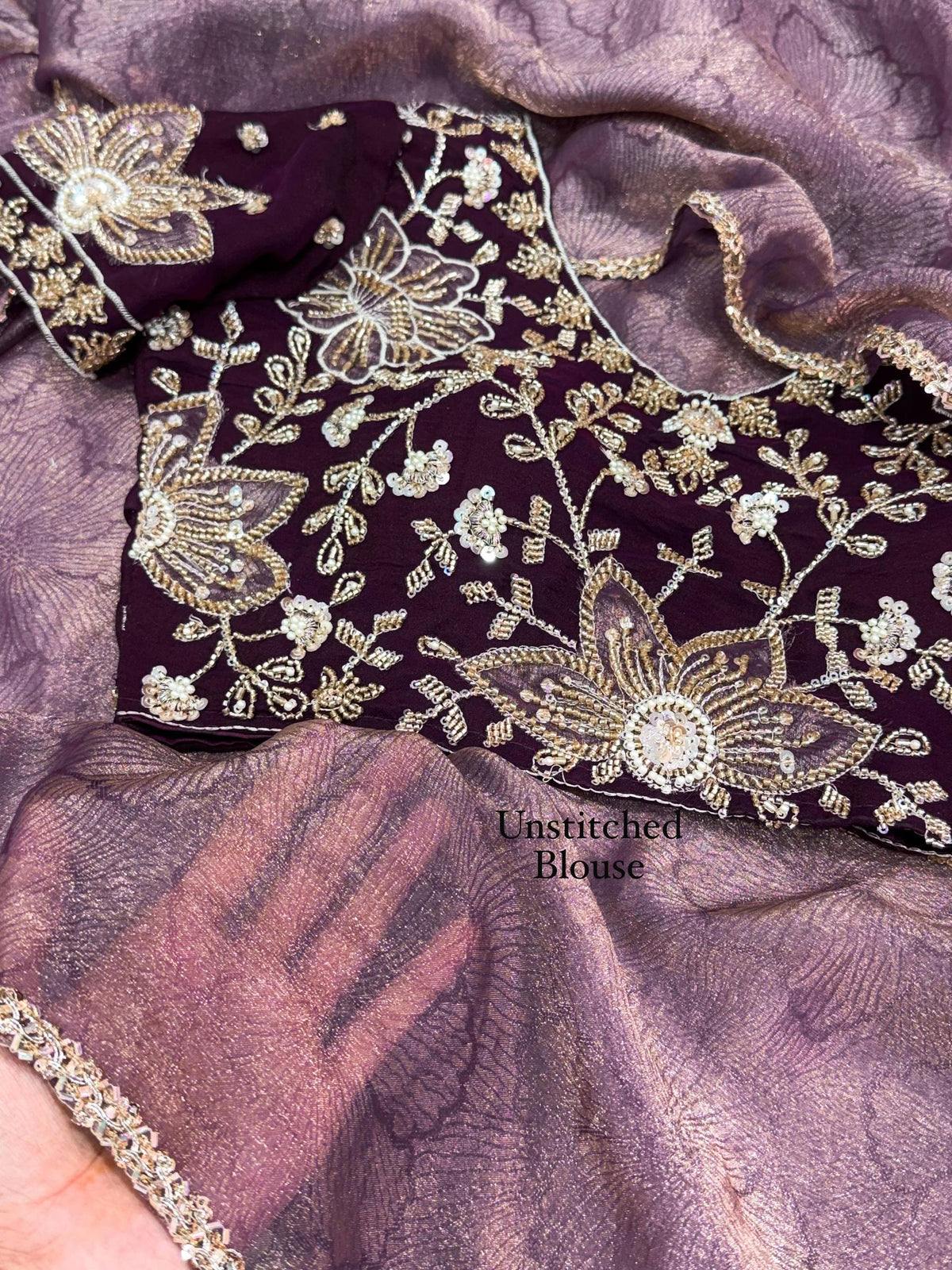 Dusty Mauve Plum Jacquard Saree with Beaded Appliqué Embroidered Blouse