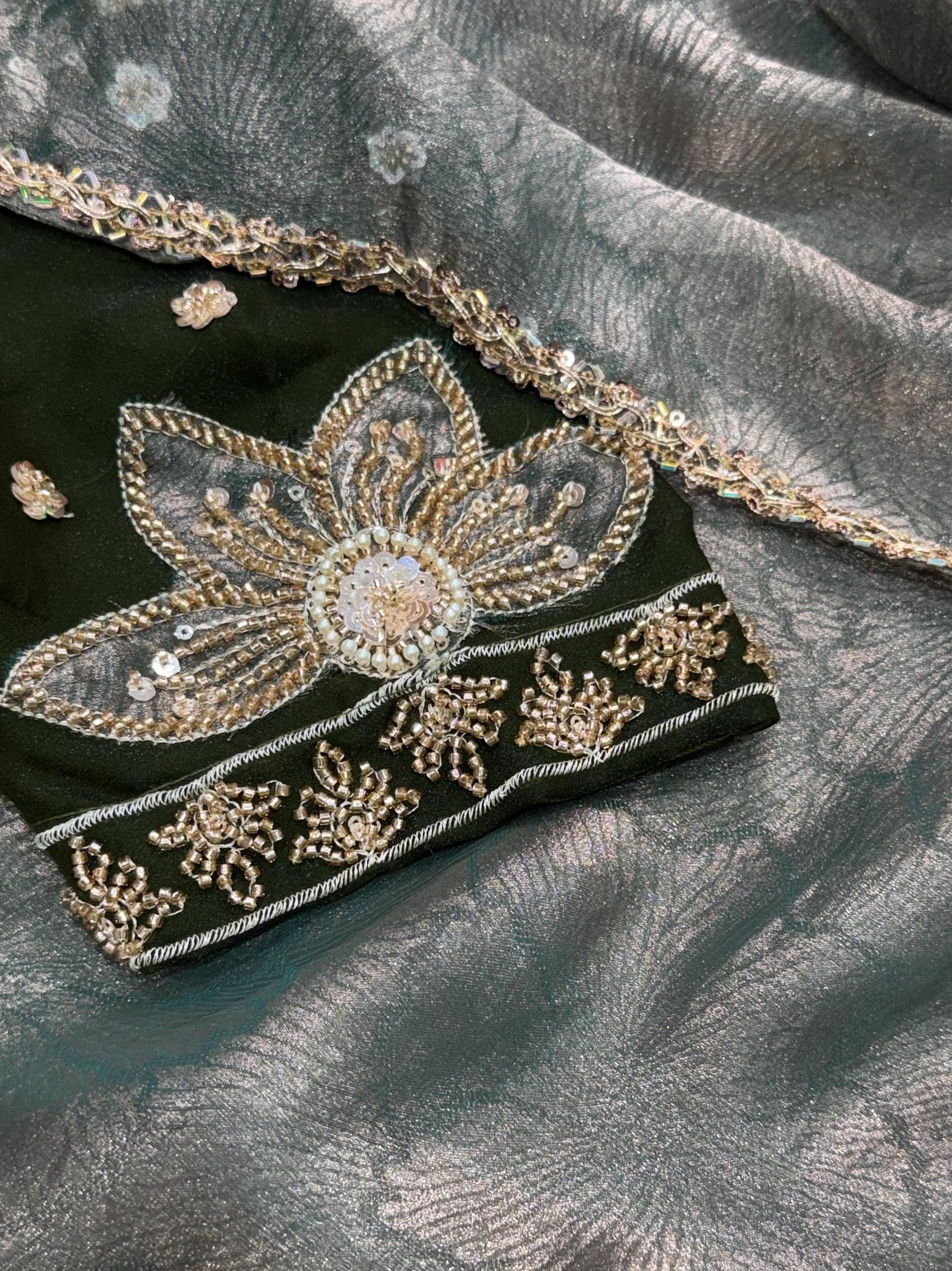 Smoky Sage Green Jacquard Saree with Beads Handwork & Applique Embroidered Blouse