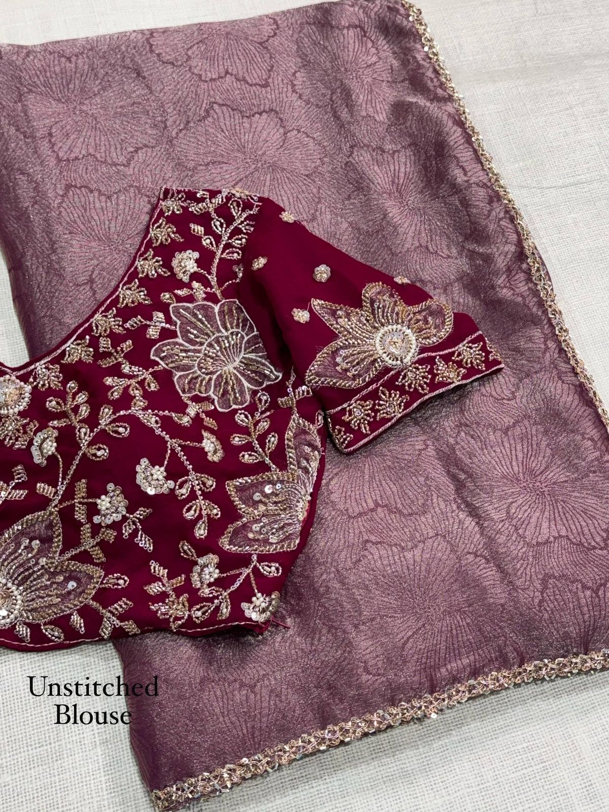 Muted Wine Jacquard Saree with Premium Beads Handwork & Applique Blouse