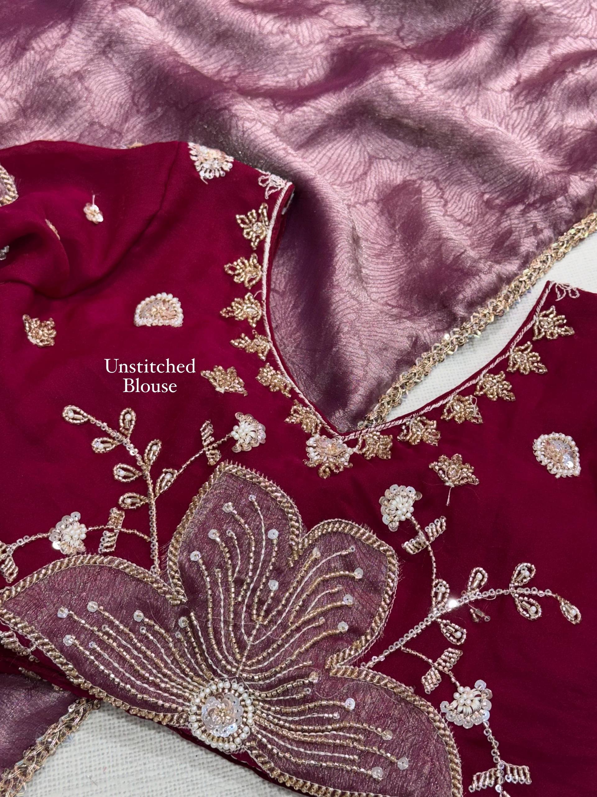Muted Wine Jacquard Saree with Premium Beads Handwork & Applique Blouse