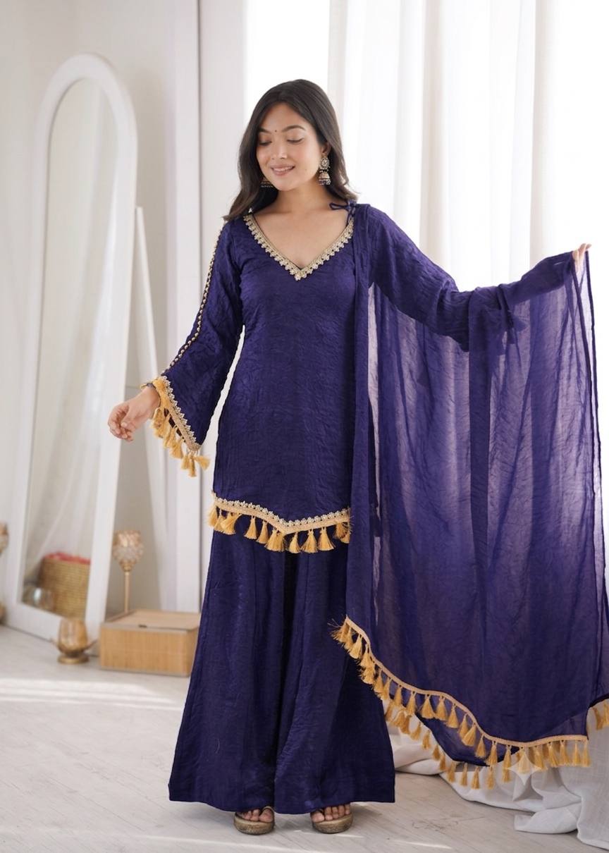 Royal Navy Blue Doremon Crush Palazzo Suit Set with Dupatta & Mirror Work Lace