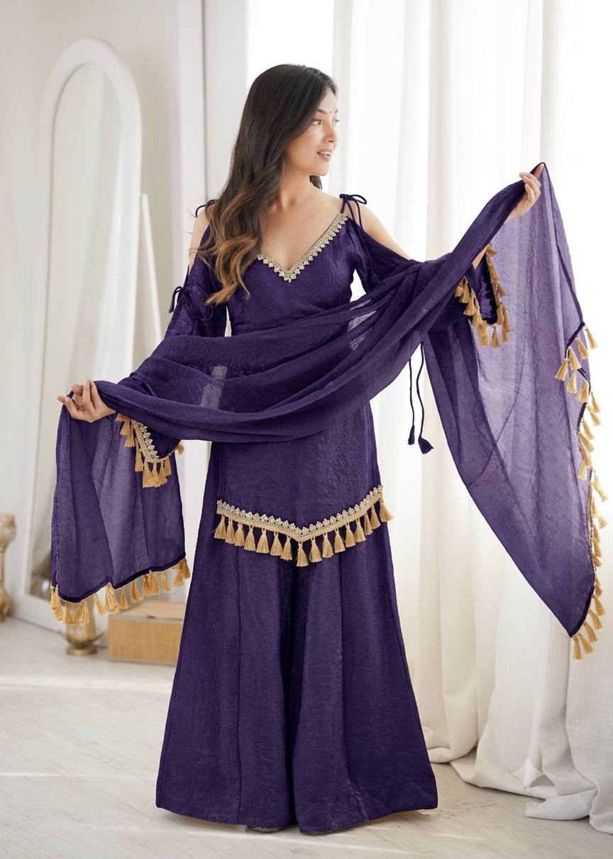 Royal Navy Blue Doremon Crush Palazzo Suit Set with Dupatta & Mirror Work Lace