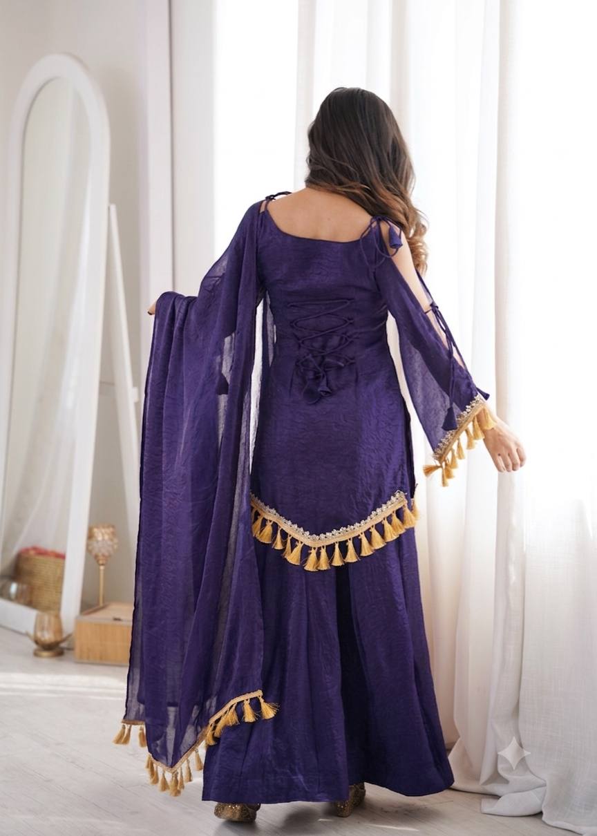 Royal Navy Blue Doremon Crush Palazzo Suit Set with Dupatta & Mirror Work Lace