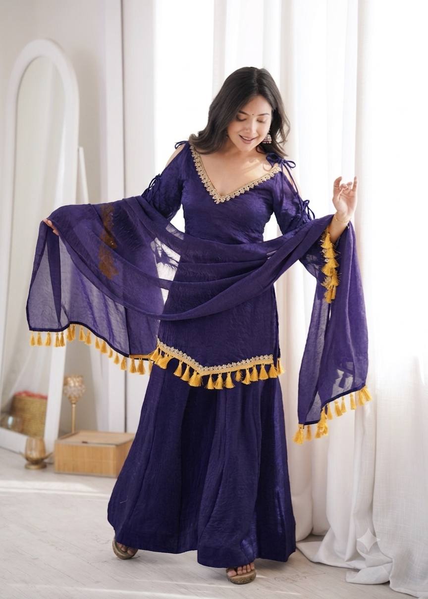 Royal Navy Blue Doremon Crush Palazzo Suit Set with Dupatta & Mirror Work Lace