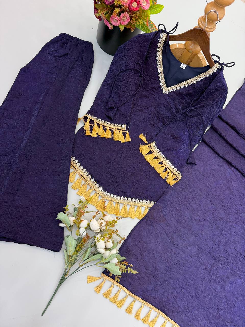 Royal Navy Blue Doremon Crush Palazzo Suit Set with Dupatta & Mirror Work Lace