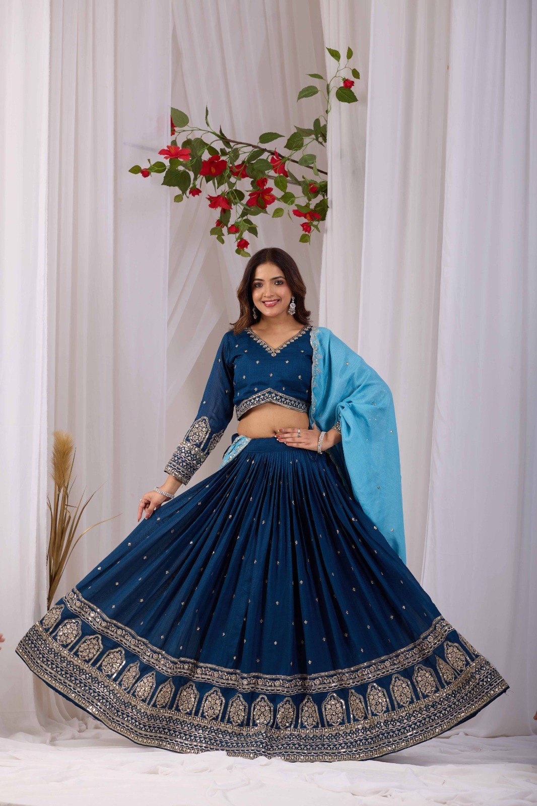 Navy Blue Vichitra Silk Lehenga Choli Set with Sky Blue Embroidered Dupatta