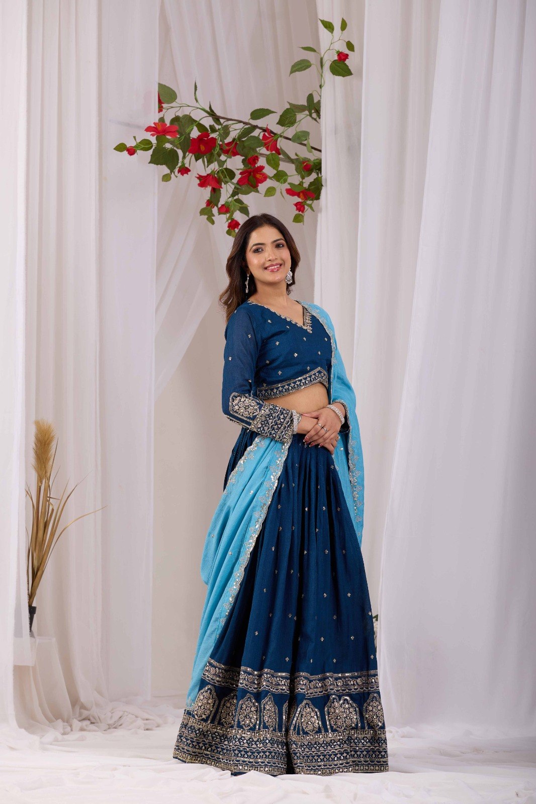 Navy Blue Vichitra Silk Lehenga Choli Set with Sky Blue Embroidered Dupatta