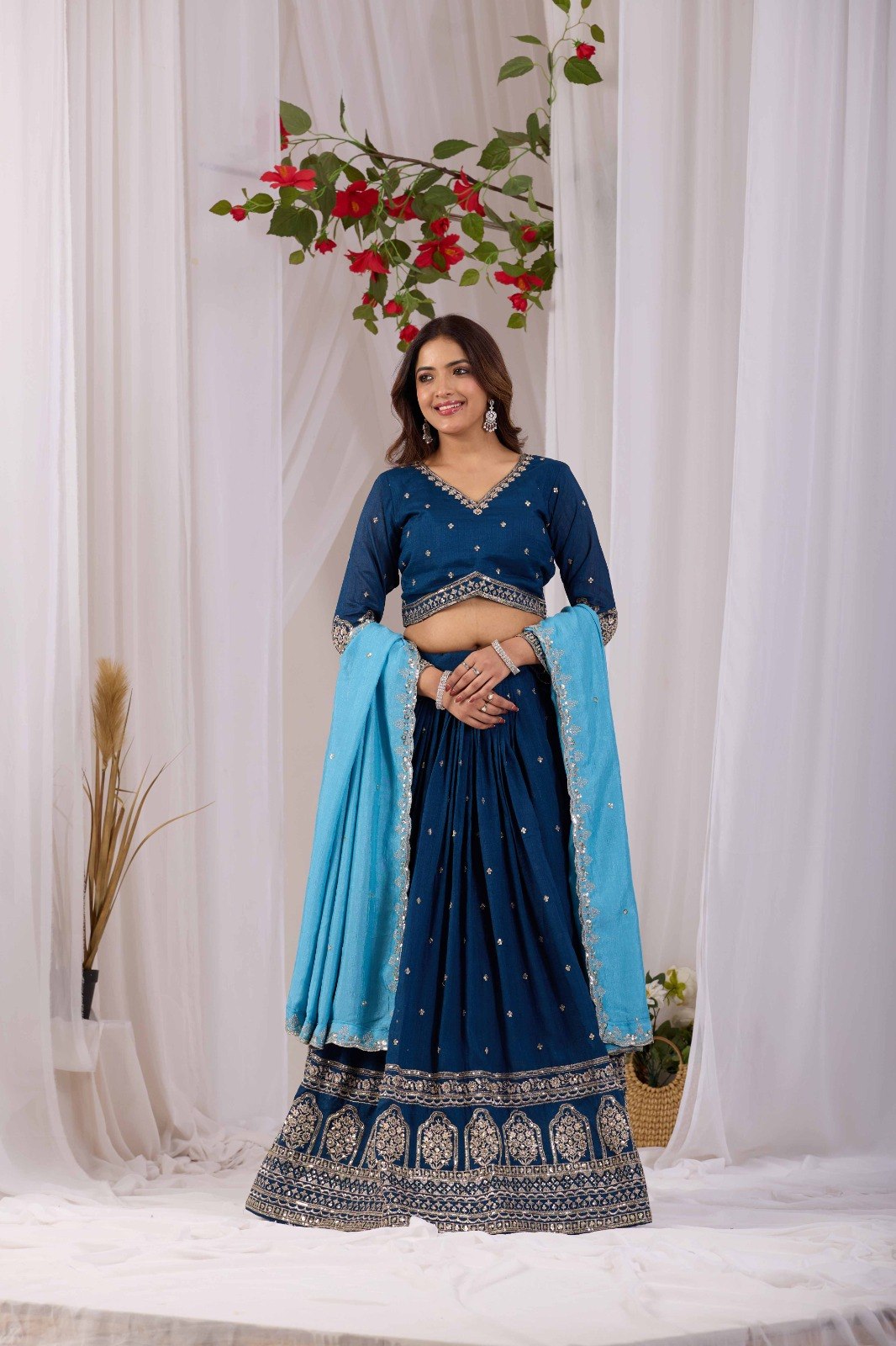 Navy Blue Vichitra Silk Lehenga Choli Set with Sky Blue Embroidered Dupatta