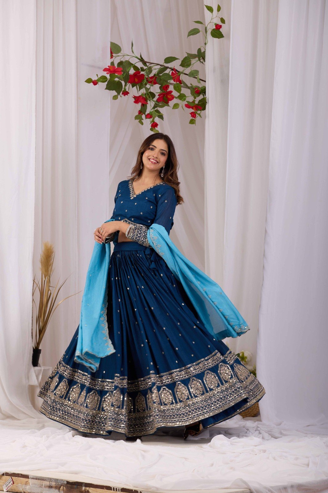 Navy Blue Vichitra Silk Lehenga Choli Set with Sky Blue Embroidered Dupatta