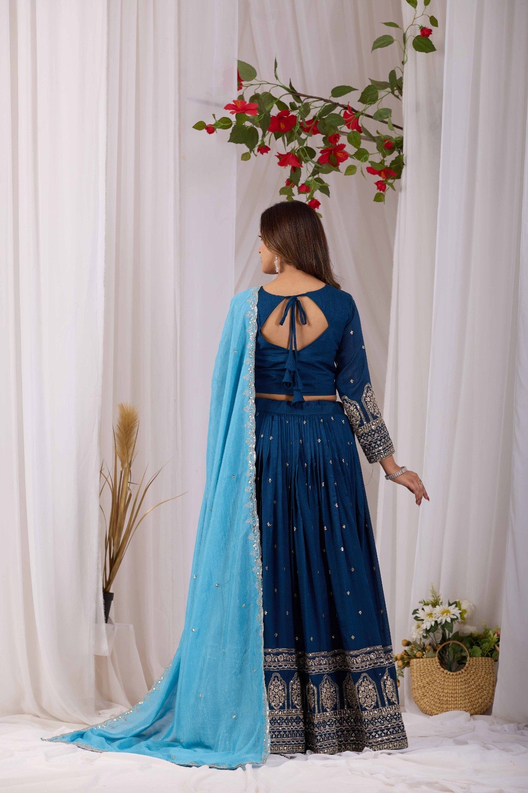 Navy Blue Vichitra Silk Lehenga Choli Set with Sky Blue Embroidered Dupatta