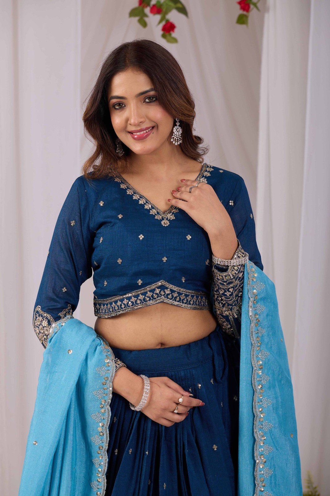 Navy Blue Vichitra Silk Lehenga Choli Set with Sky Blue Embroidered Dupatta