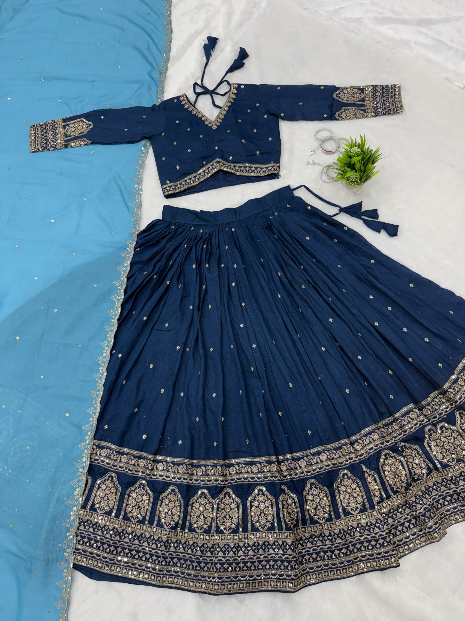 Navy Blue Vichitra Silk Lehenga Choli Set with Sky Blue Embroidered Dupatta