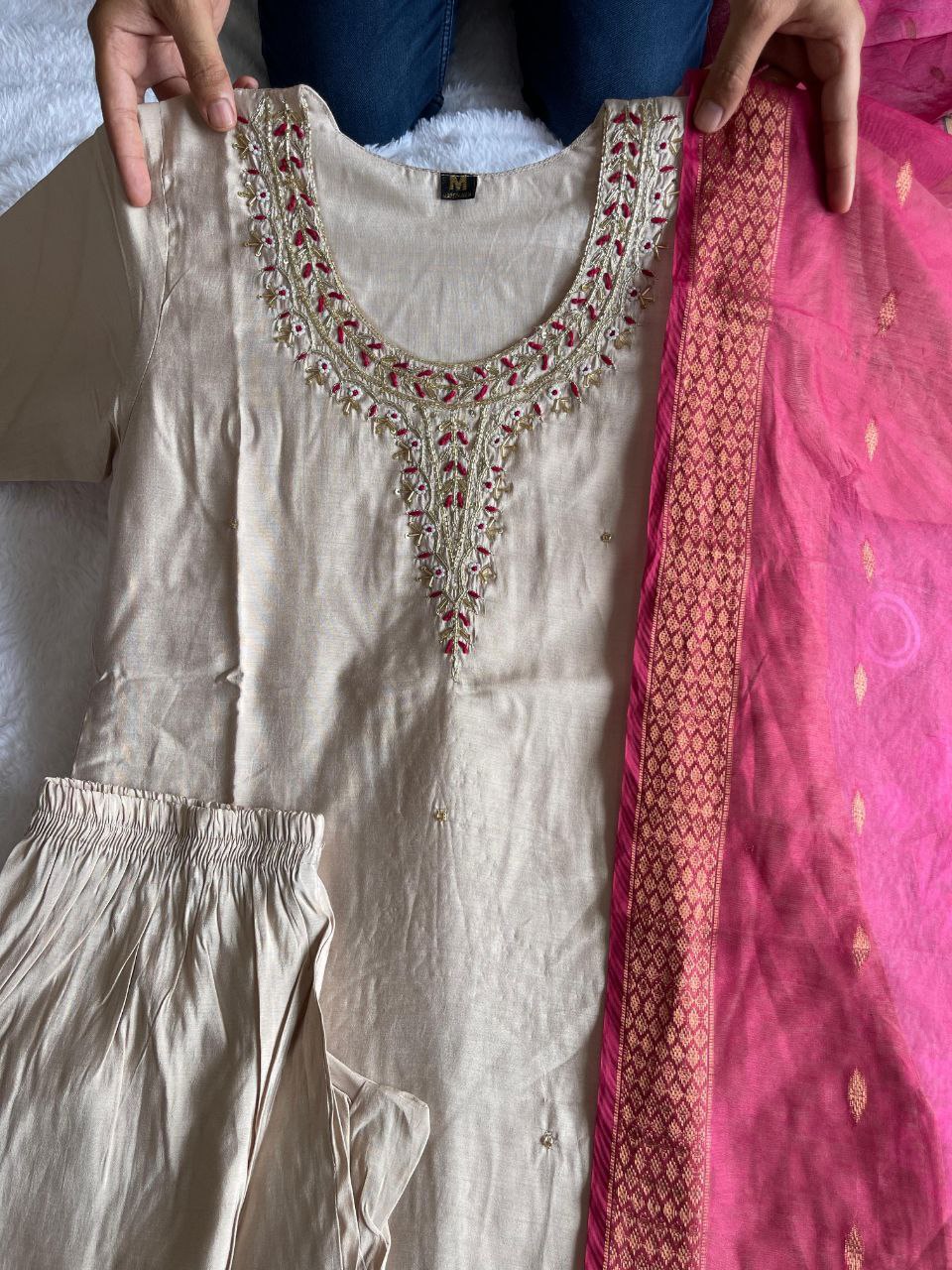 Cream Handwork Kurti Pant with Dupatta Set